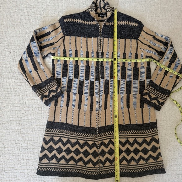 Papa Vancouver Black Tan Blue Southwest Long Open Cardigan Women's L Aztec New - Picture 5 of 10